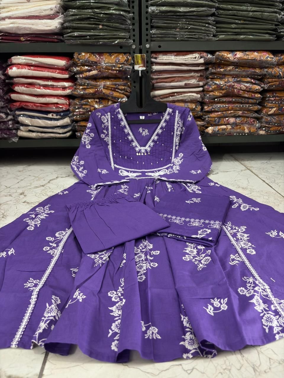 Purple Cotton Discharge Printed Suit Set with Embroidery